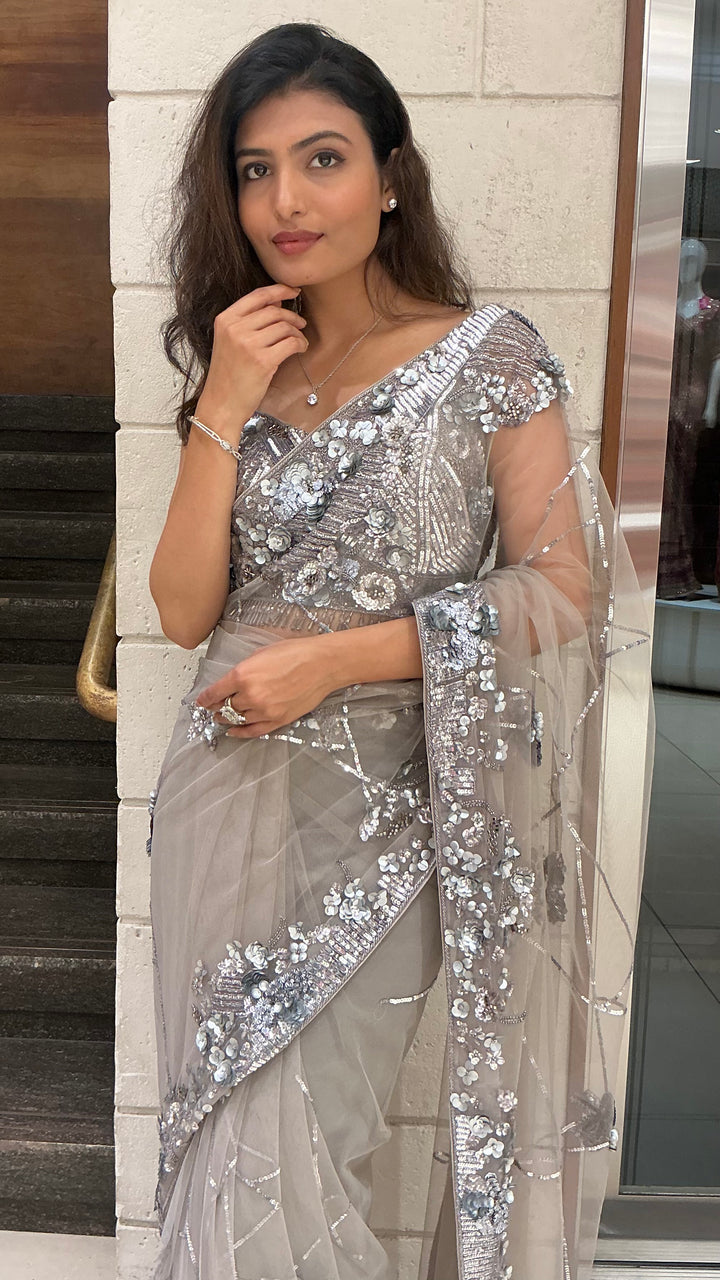 Silver Grey Sequin Embellished Designer Saree with Heavy Blouse