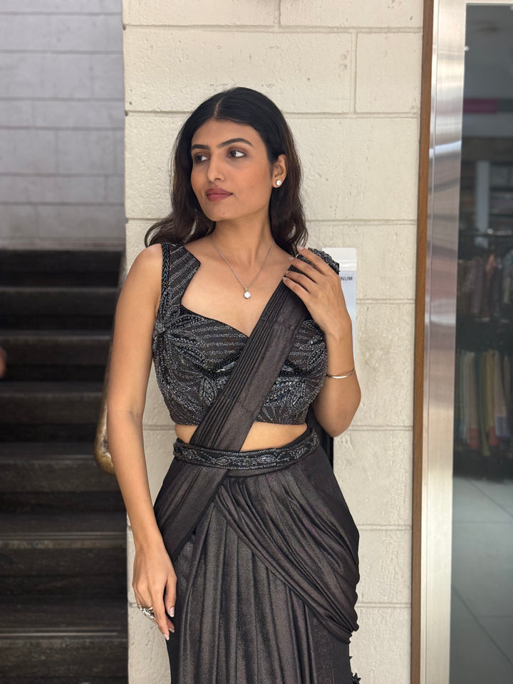 Metallic Charcoal Designer Ready-to-Wear Saree with Embellished Blouse