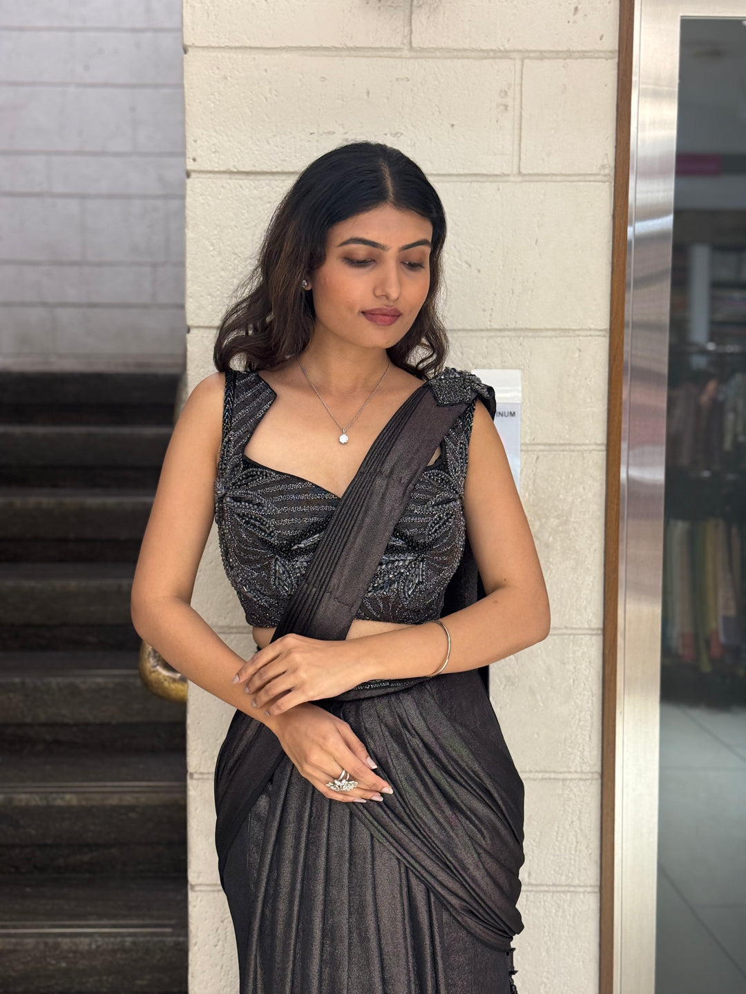 Metallic Charcoal Designer Ready-to-Wear Saree with Embellished Blouse