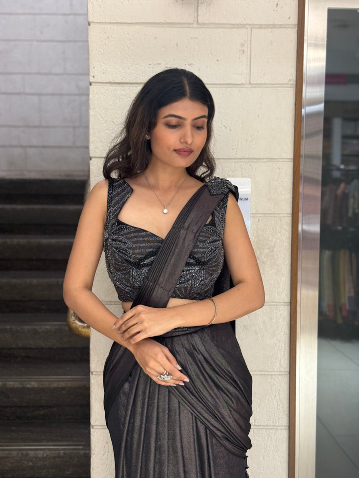 Metallic Charcoal Designer Ready-to-Wear Saree with Embellished Blouse
