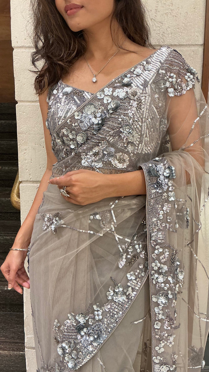 Silver Grey Sequin Embellished Designer Saree with Heavy Blouse