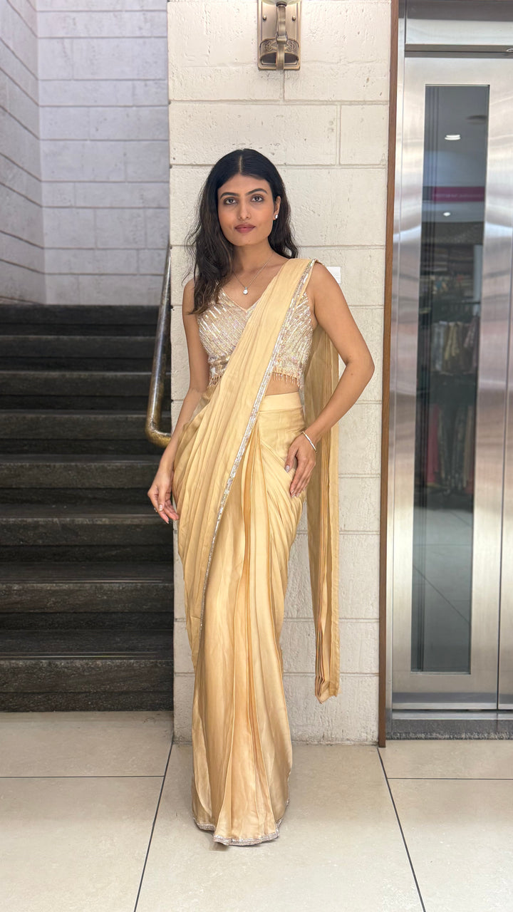 Champagne Gold Designer Ready-to-Wear Saree with Sequin Embellished Blouse