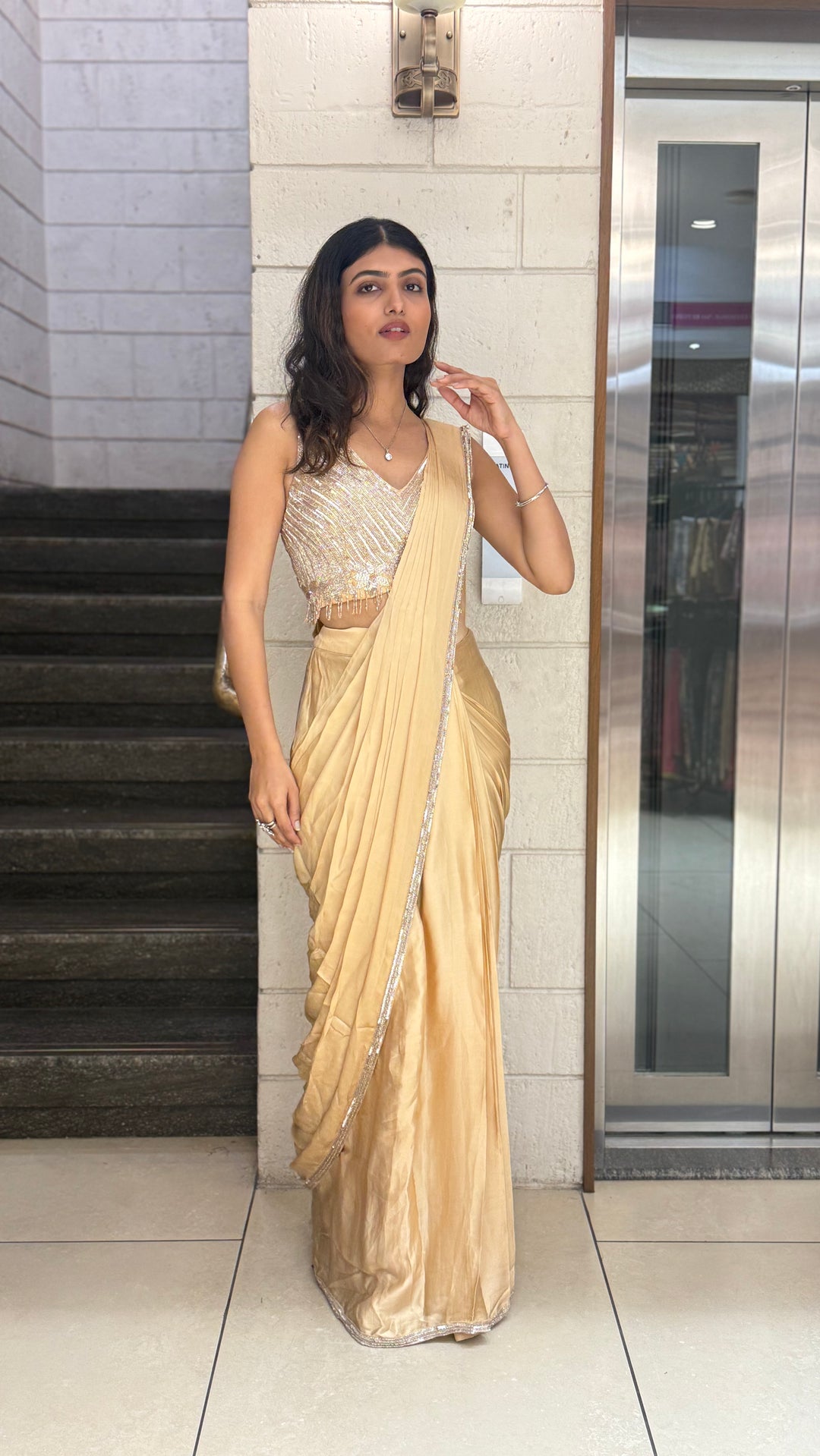 Champagne Gold Designer Ready-to-Wear Saree with Sequin Embellished Blouse