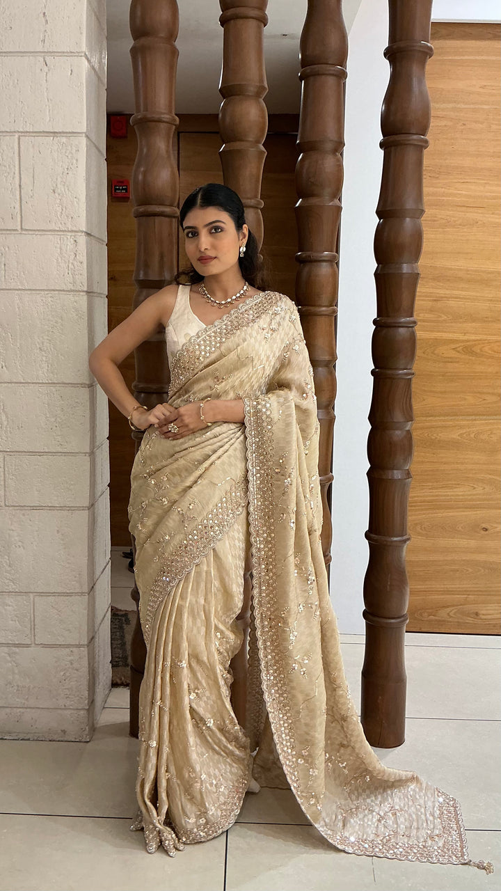 Champagne Gold Designer Tissue Silk Saree with Hand Embroidered Scalloped Border
