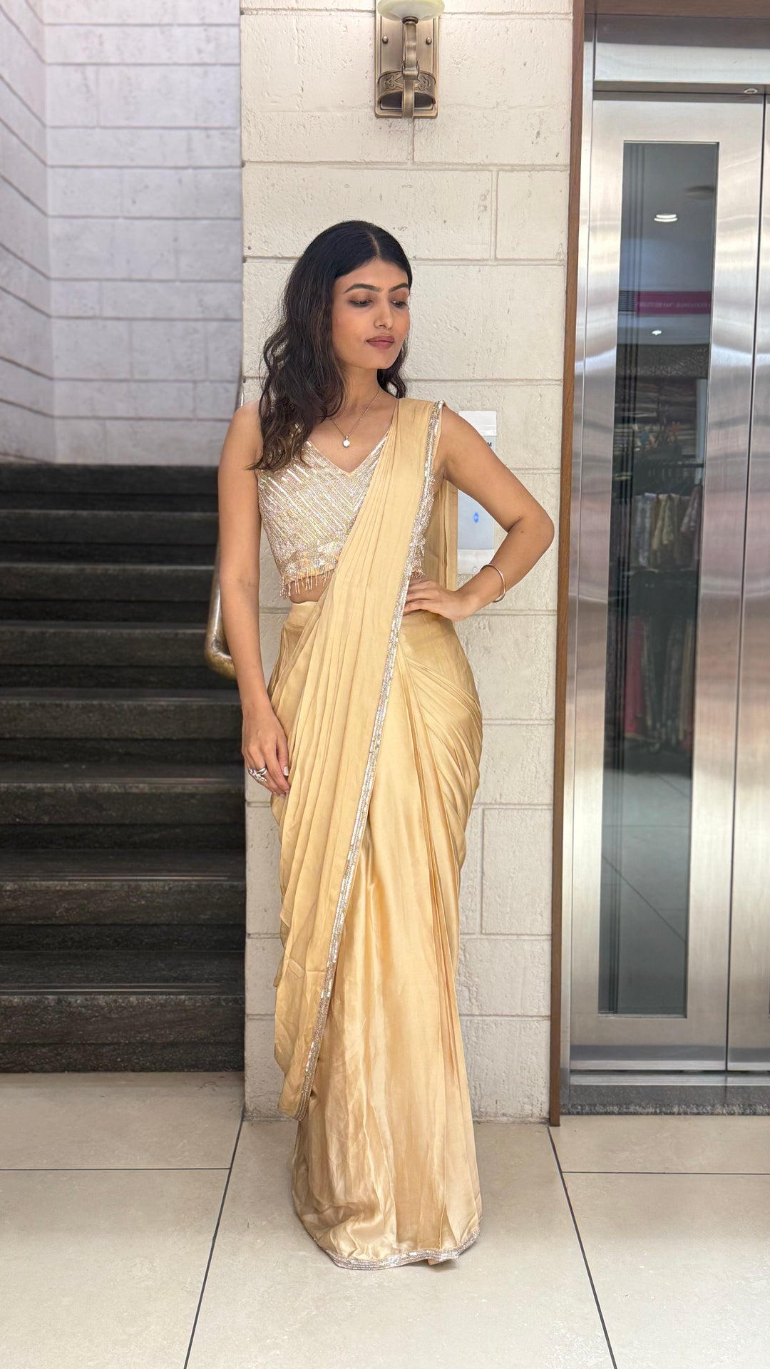 Champagne Gold Designer Ready-to-Wear Saree with Sequin Embellished Blouse