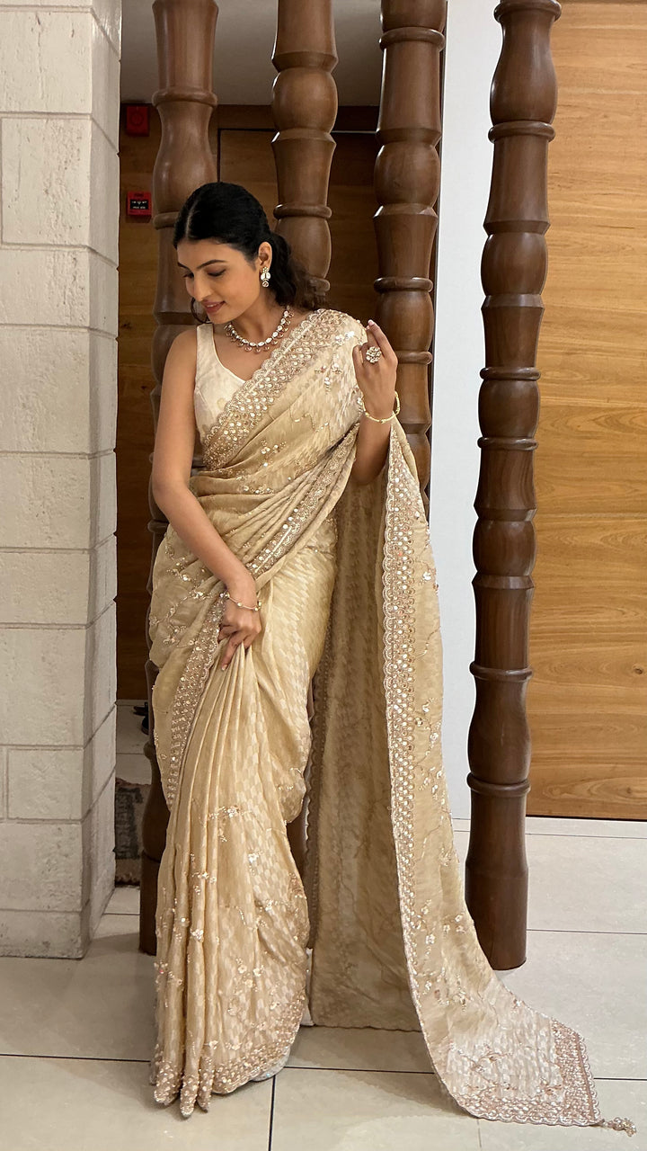 Champagne Gold Designer Tissue Silk Saree with Hand Embroidered Scalloped Border