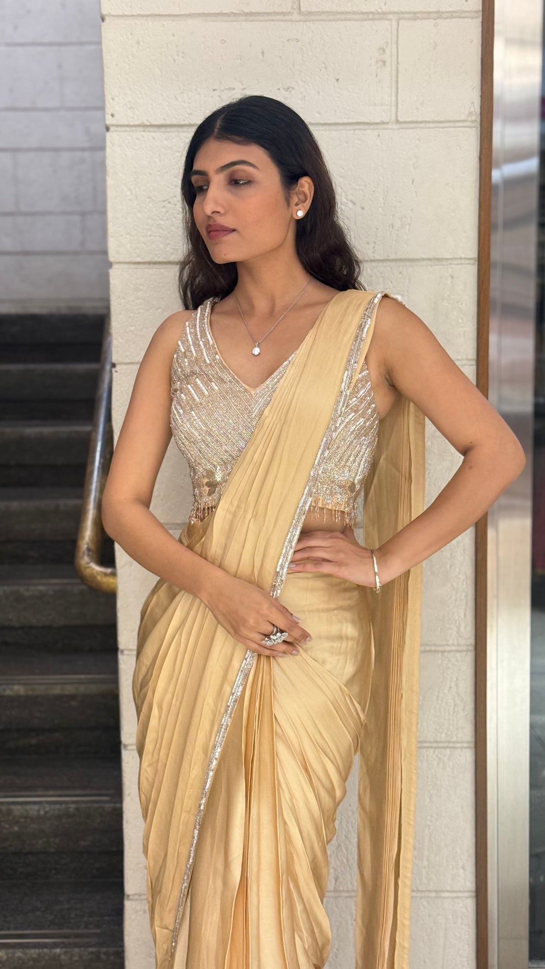 Champagne Gold Designer Ready-to-Wear Saree with Sequin Embellished Blouse