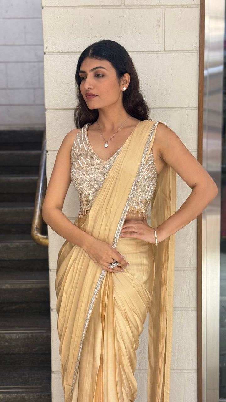 Champagne Gold Designer Ready-to-Wear Saree with Sequin Embellished Blouse