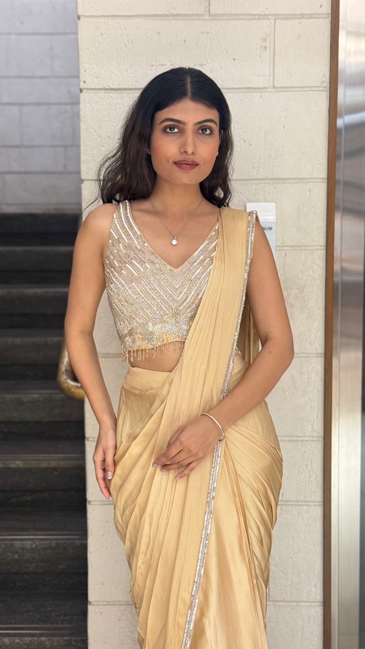 Champagne Gold Designer Ready-to-Wear Saree with Sequin Embellished Blouse