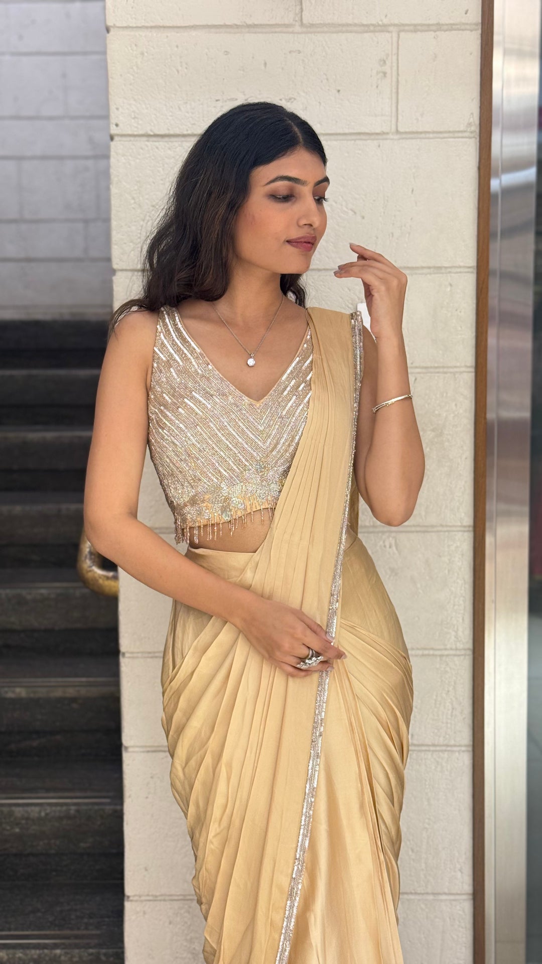 Champagne Gold Designer Ready-to-Wear Saree with Sequin Embellished Blouse