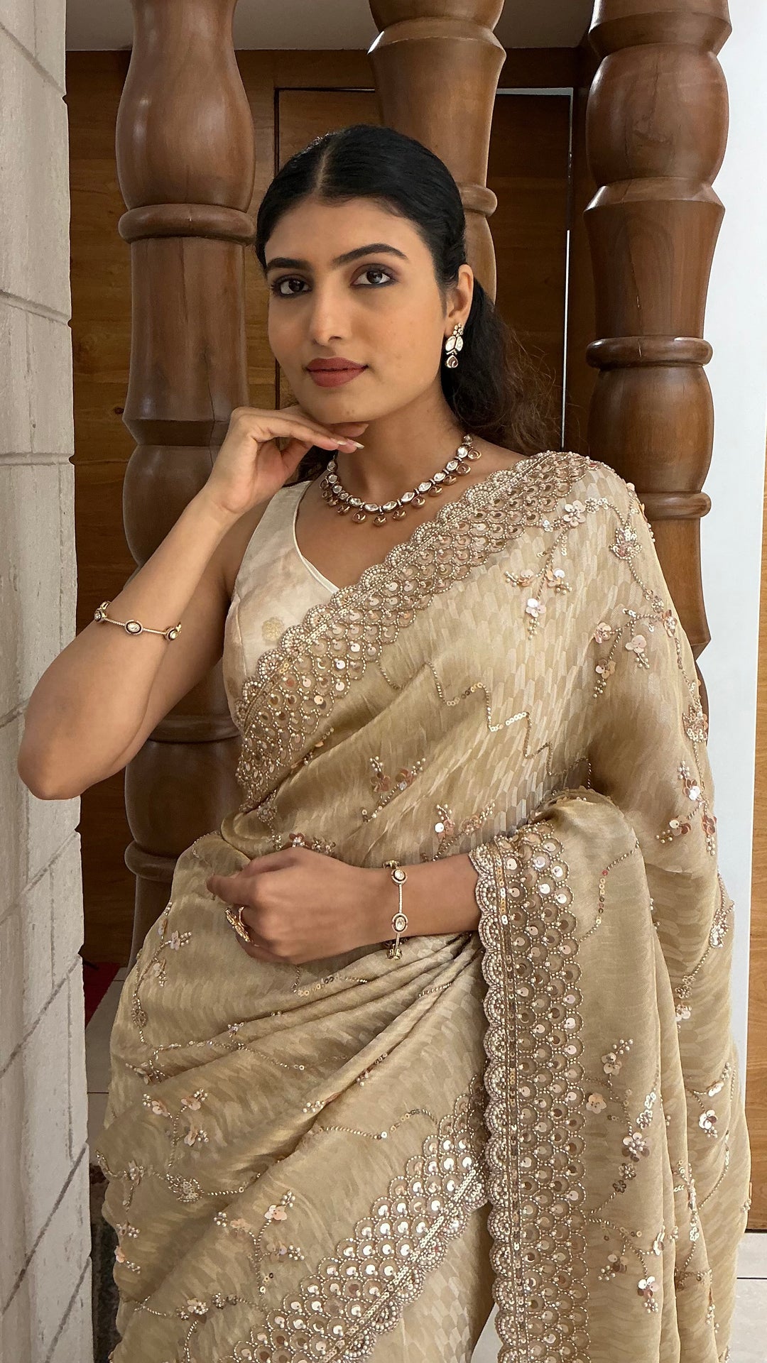 Champagne Gold Designer Tissue Silk Saree with Hand Embroidered Scalloped Border