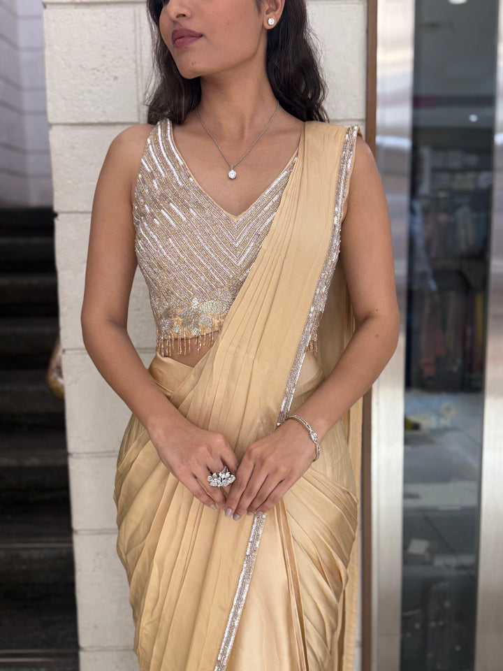 Champagne Gold Designer Ready-to-Wear Saree with Sequin Embellished Blouse