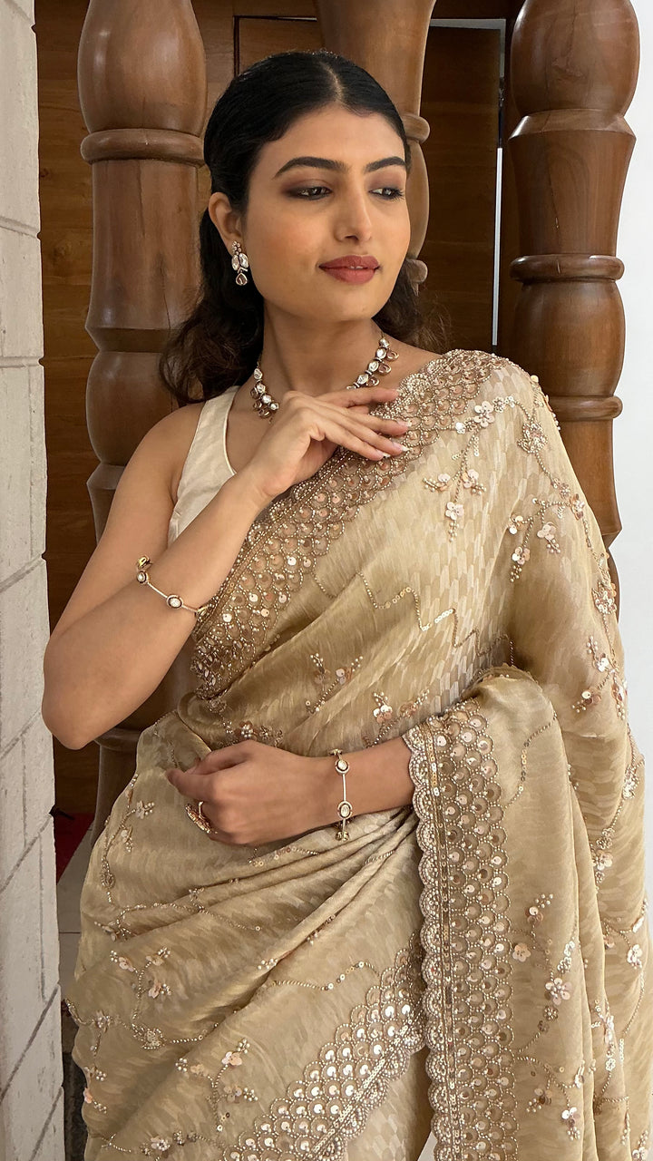 Champagne Gold Designer Tissue Silk Saree with Hand Embroidered Scalloped Border