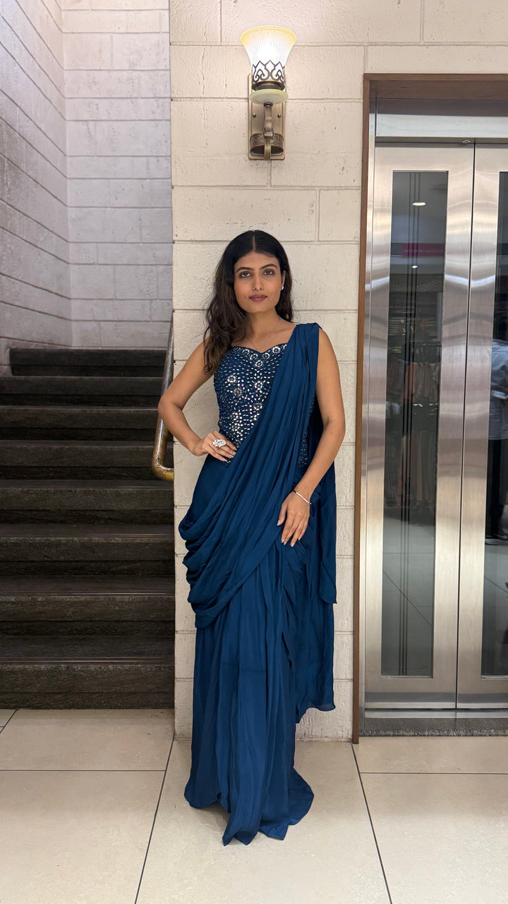 Midnight Blue Designer Ready-to-Wear Saree with Mirror Embellished Blouse