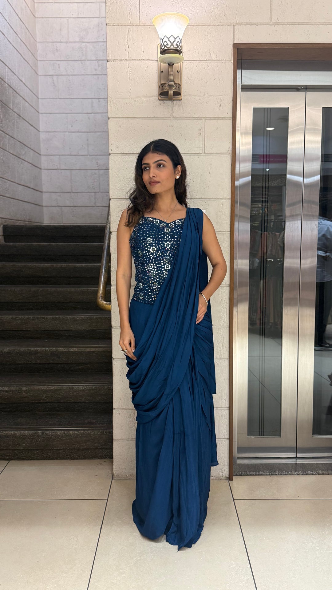 Midnight Blue Designer Ready-to-Wear Saree with Mirror Embellished Blouse