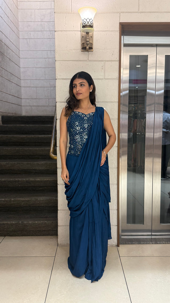 Midnight Blue Designer Ready-to-Wear Saree with Mirror Embellished Blouse