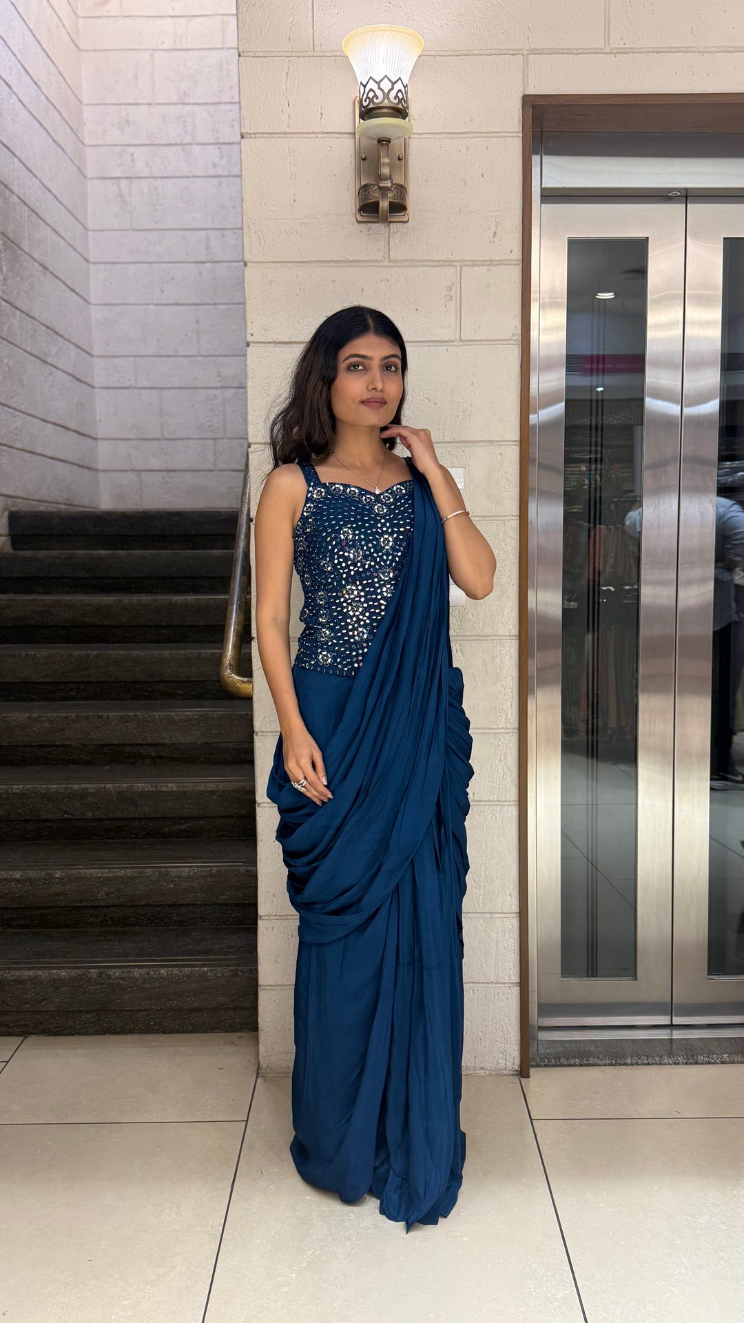 Midnight Blue Designer Ready-to-Wear Saree with Mirror Embellished Blouse