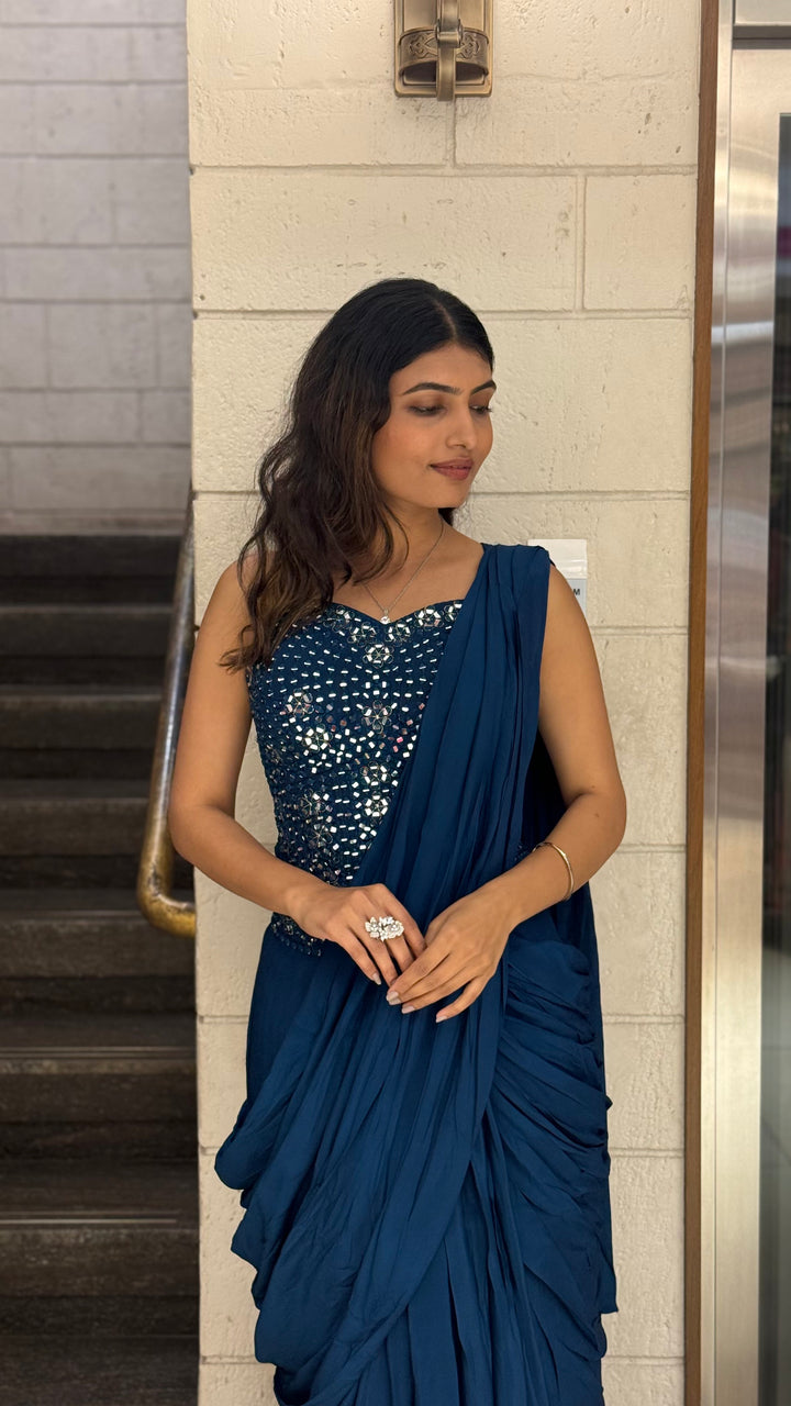 Midnight Blue Designer Ready-to-Wear Saree with Mirror Embellished Blouse