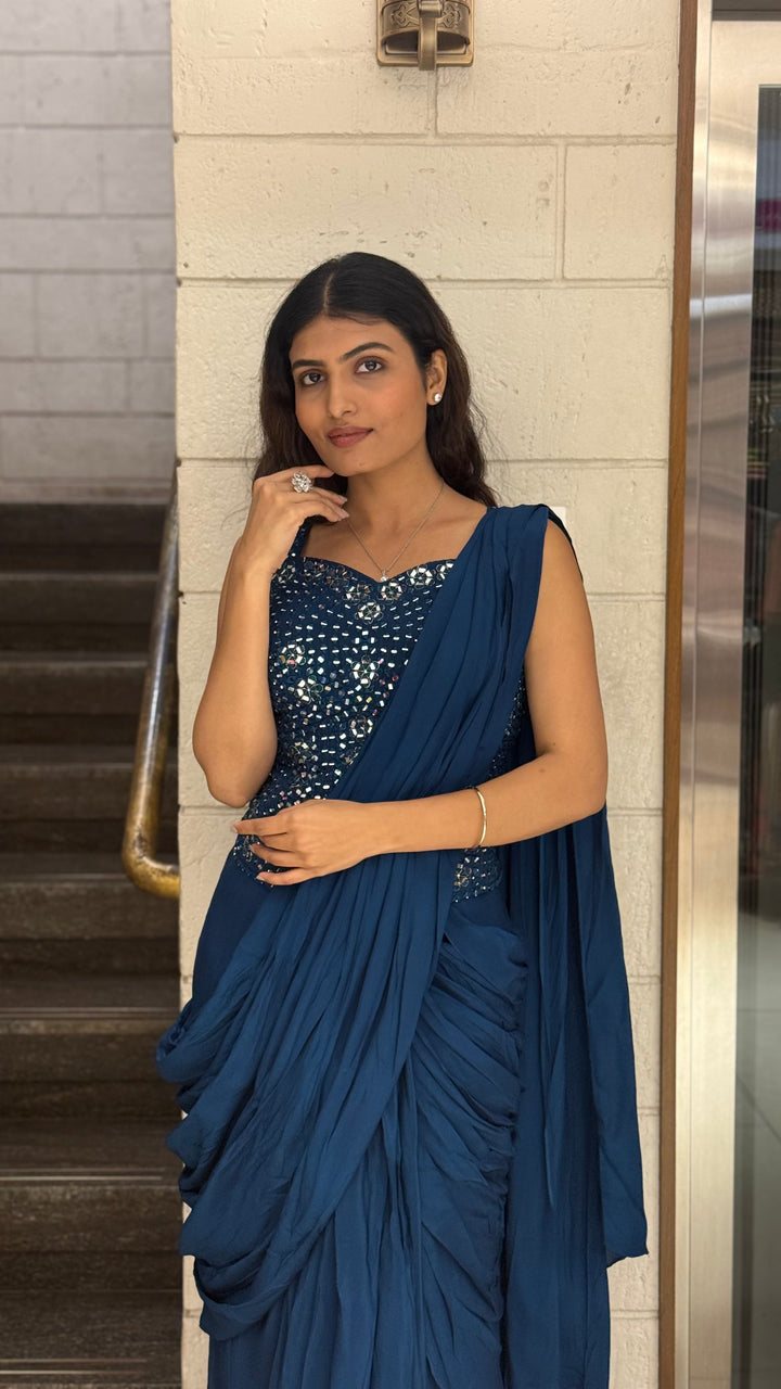 Midnight Blue Designer Ready-to-Wear Saree with Mirror Embellished Blouse