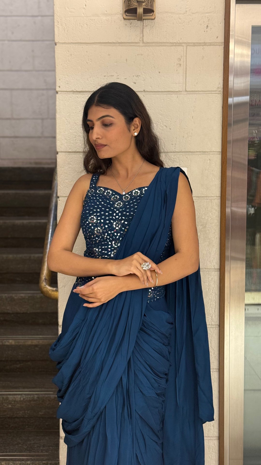 Midnight Blue Designer Ready-to-Wear Saree with Mirror Embellished Blouse