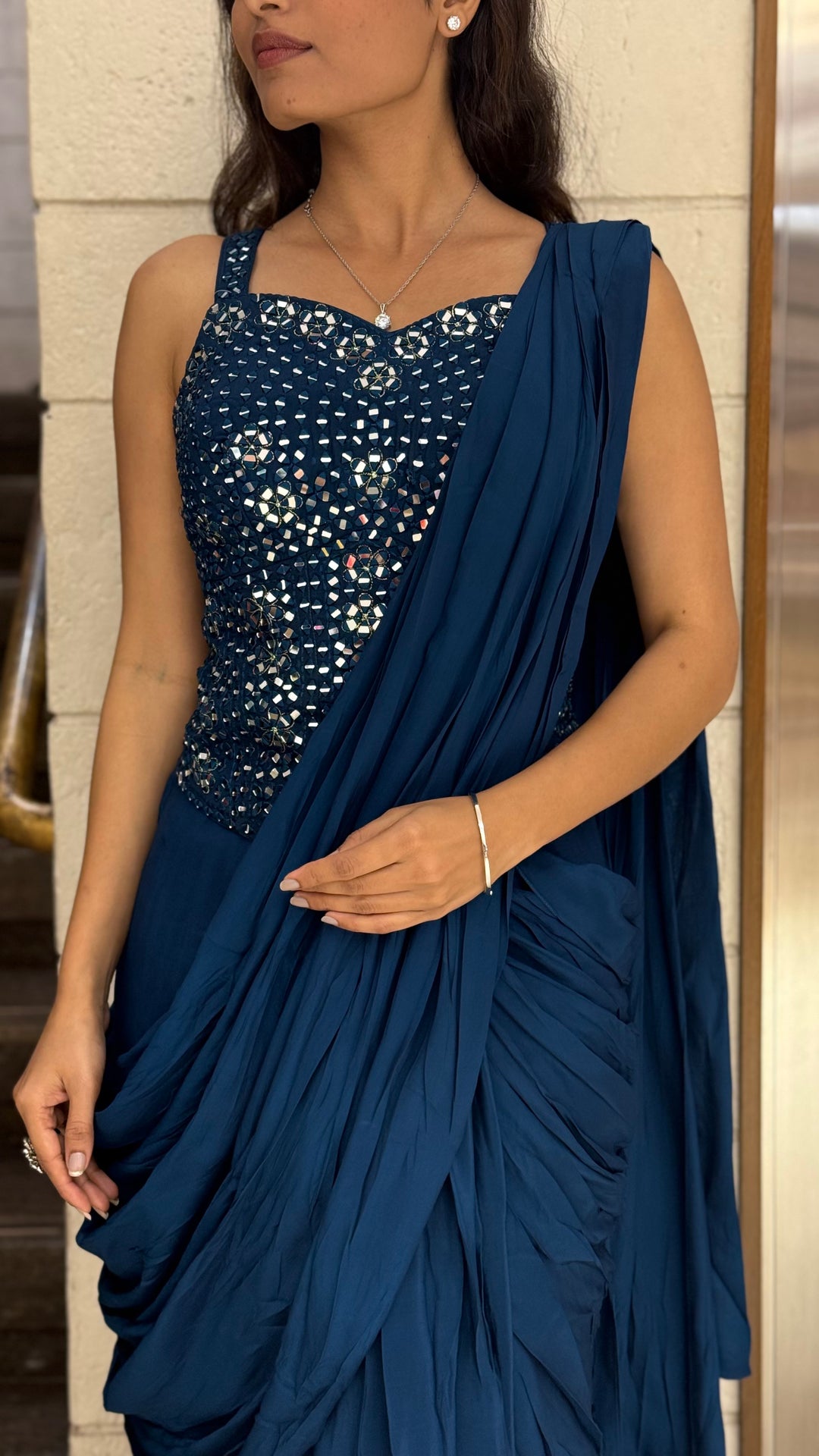 Midnight Blue Designer Ready-to-Wear Saree with Mirror Embellished Blouse