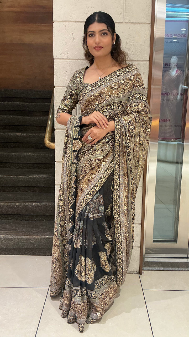Black & Antique Gold Heavy Embroidered Designer Saree with Statement Border