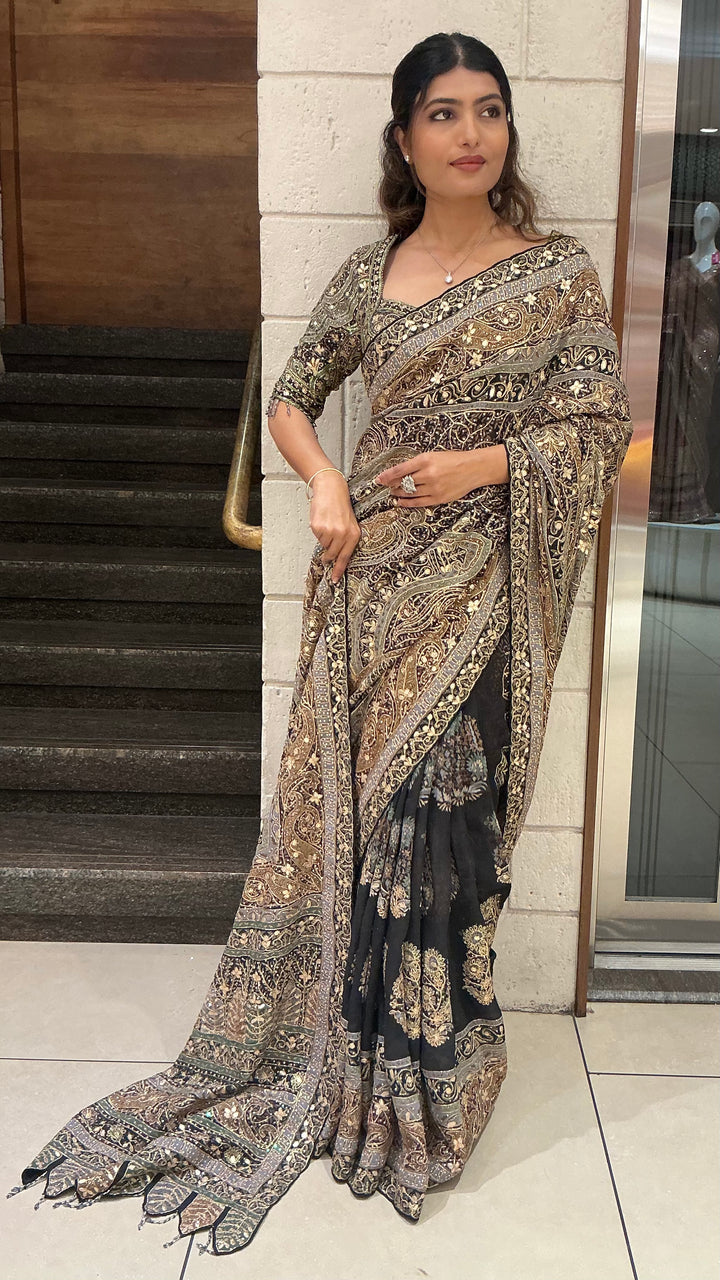 Black & Antique Gold Heavy Embroidered Designer Saree with Statement Border