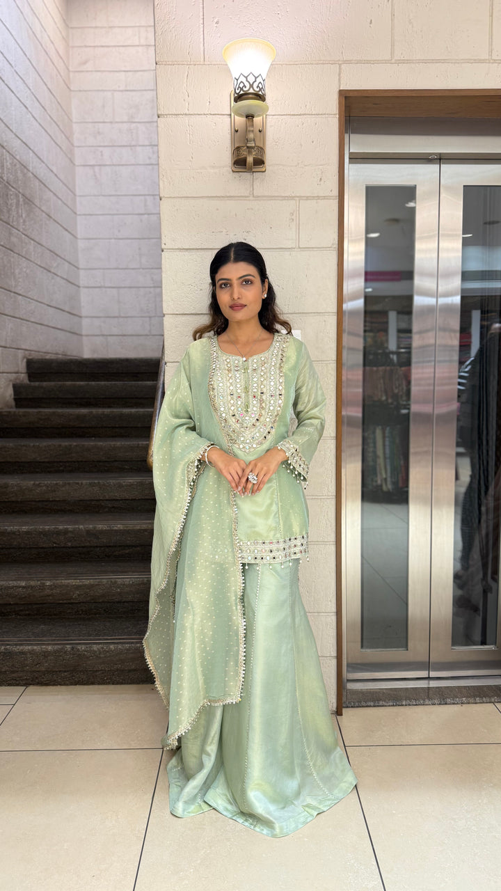Mint Green Designer Kurta Sharara Set with Embroidered Dupatta