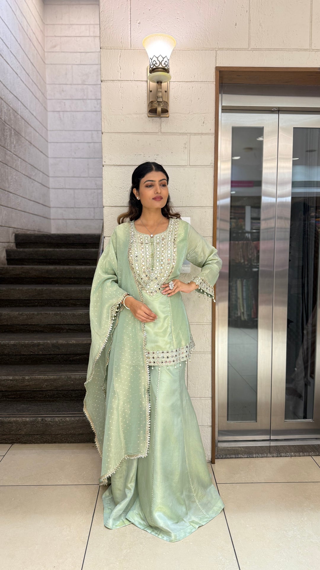 Mint Green Designer Kurta Sharara Set with Embroidered Dupatta