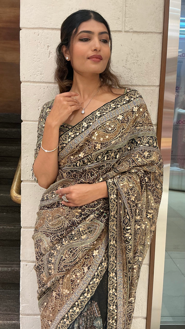 Black & Antique Gold Heavy Embroidered Designer Saree with Statement Border
