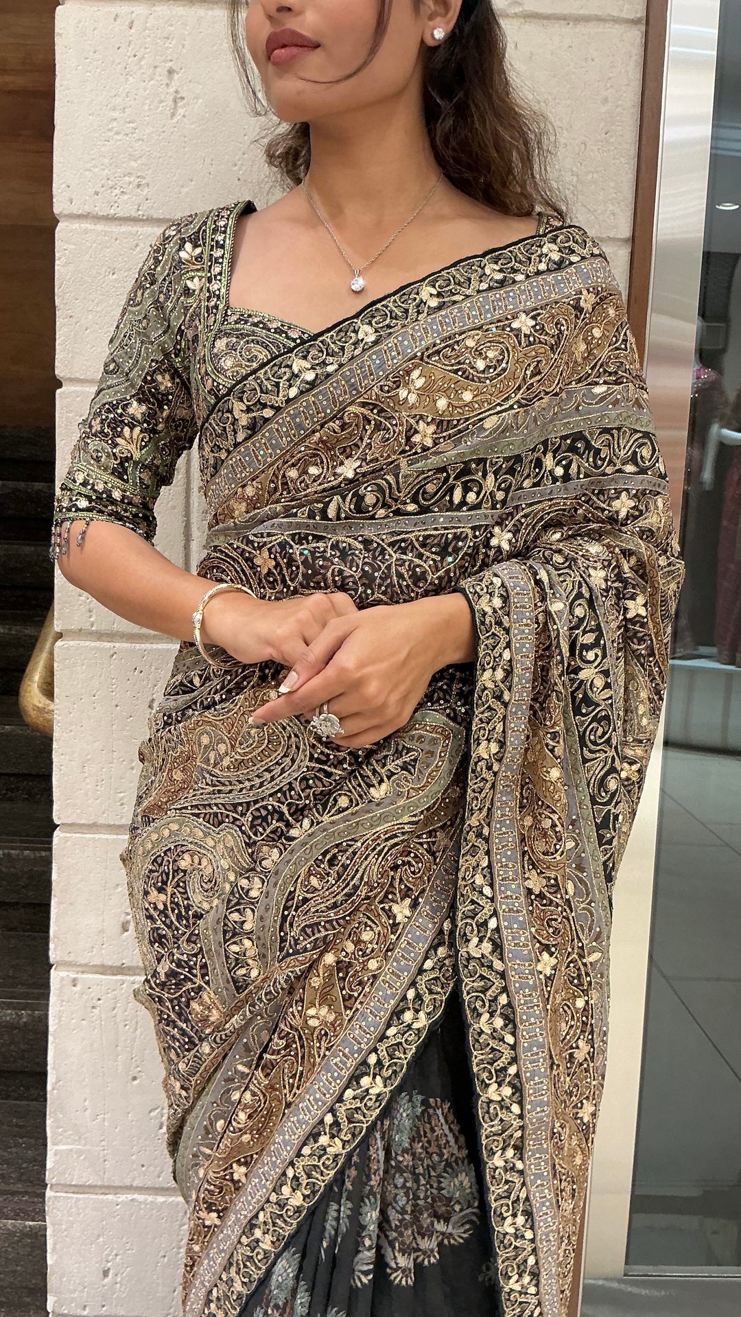 Black & Antique Gold Heavy Embroidered Designer Saree with Statement Border