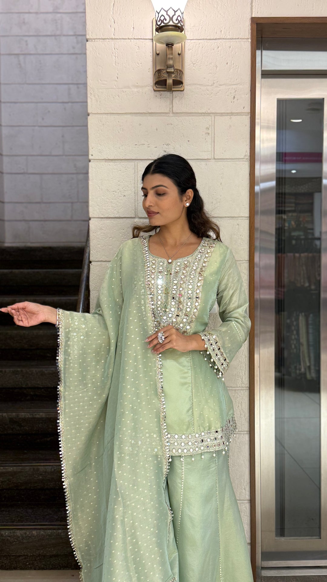 Mint Green Designer Kurta Sharara Set with Embroidered Dupatta