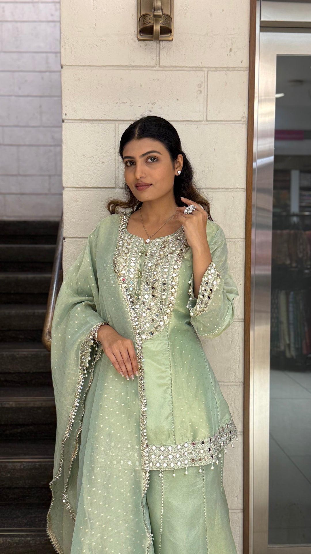 Mint Green Designer Kurta Sharara Set with Embroidered Dupatta