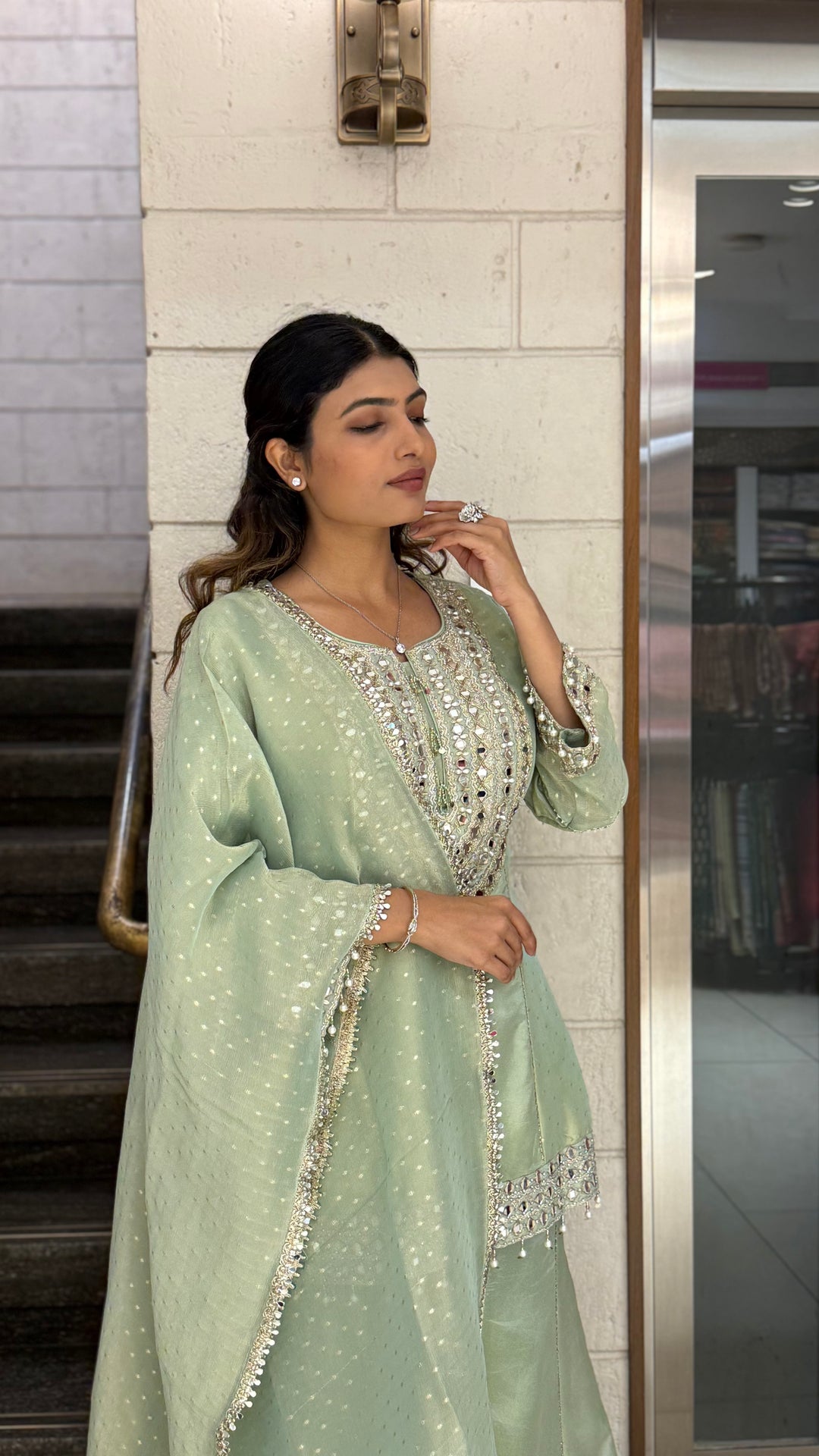 Mint Green Designer Kurta Sharara Set with Embroidered Dupatta