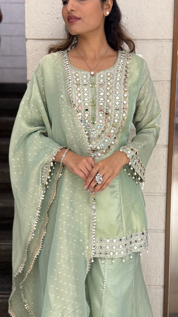 Mint Green Designer Kurta Sharara Set with Embroidered Dupatta