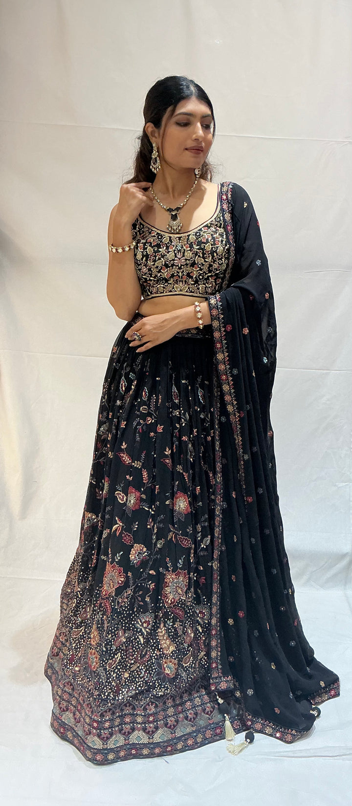 Black Floral Embroidered Designer Lehenga Choli Set with Zari & Sequin Work