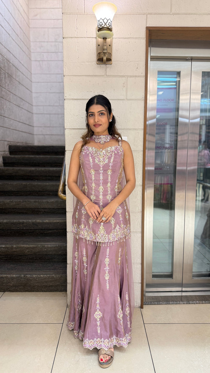 Dusty Mauve Designer Embroidered Kurta Sharara Set