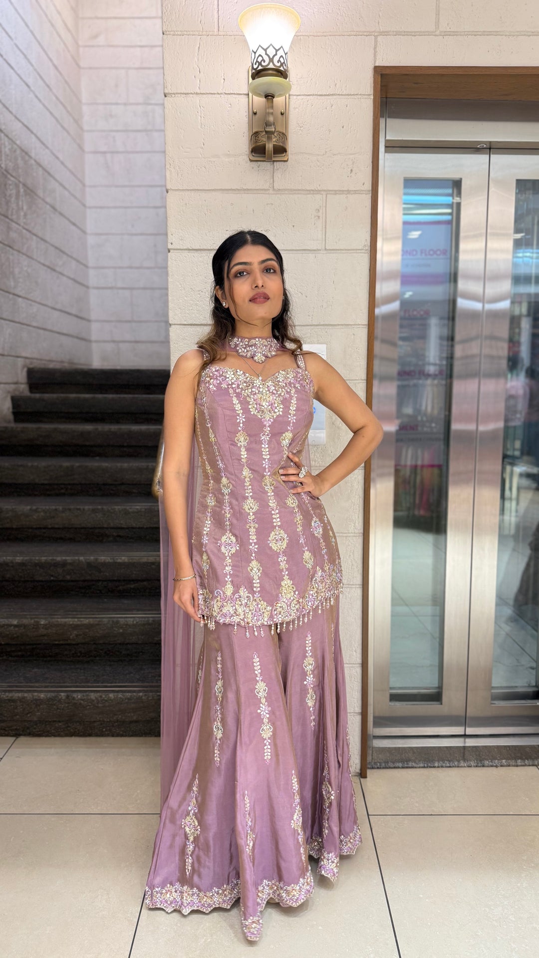 Dusty Mauve Designer Embroidered Kurta Sharara Set