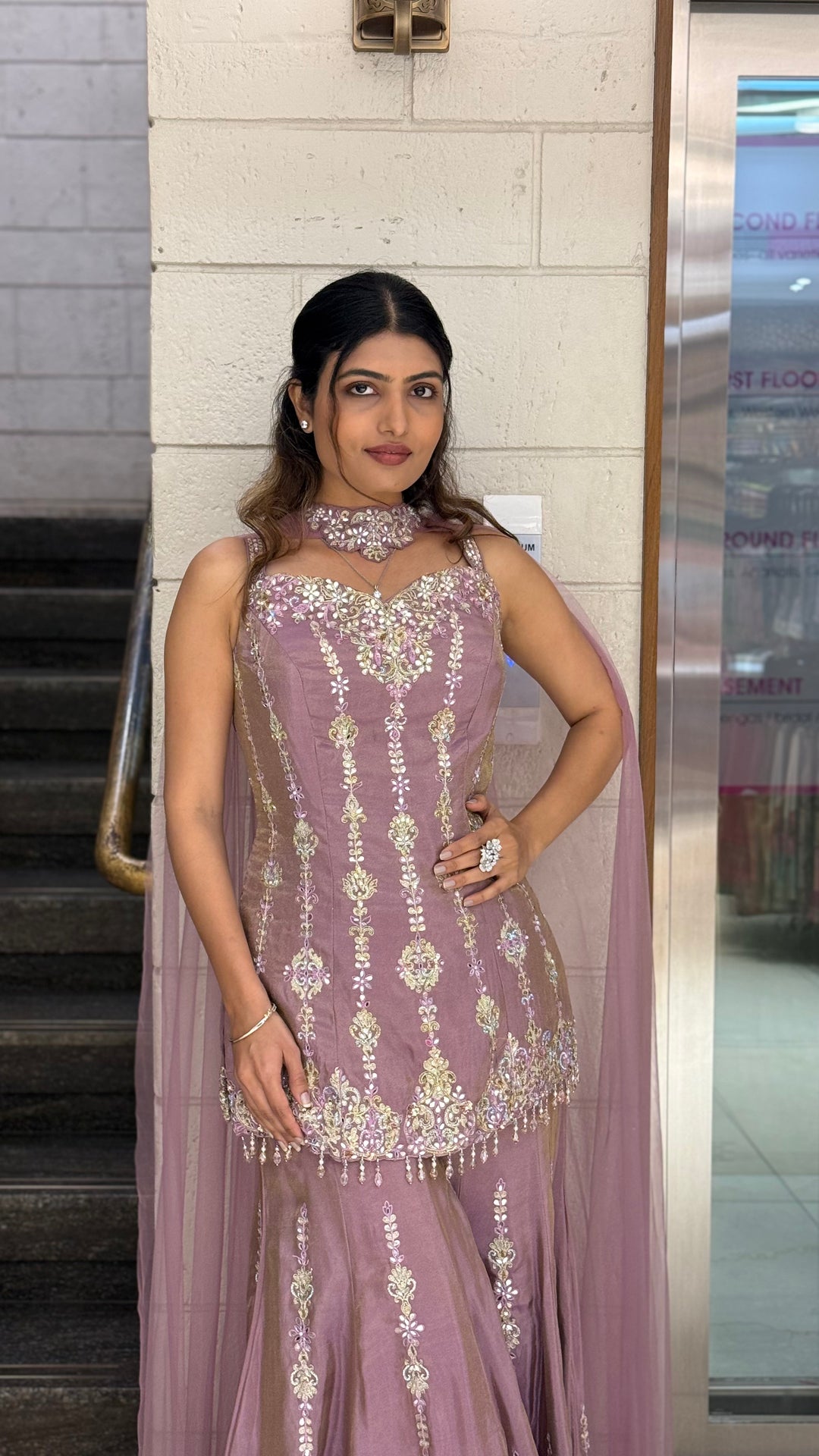 Dusty Mauve Designer Embroidered Kurta Sharara Set