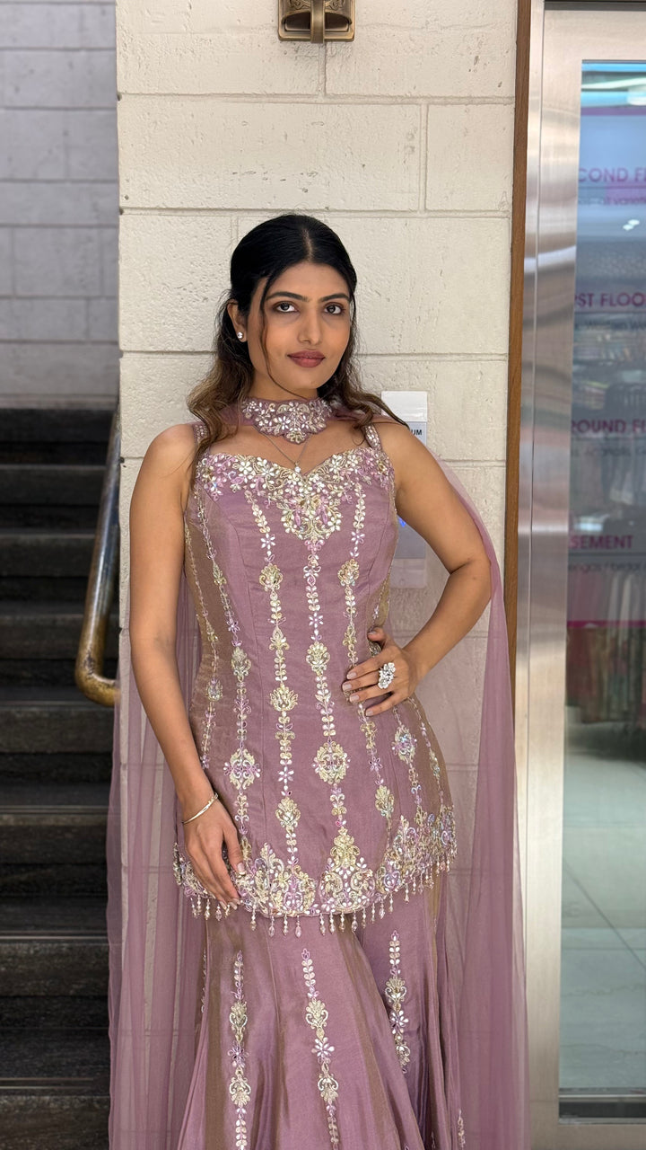 Dusty Mauve Designer Embroidered Kurta Sharara Set
