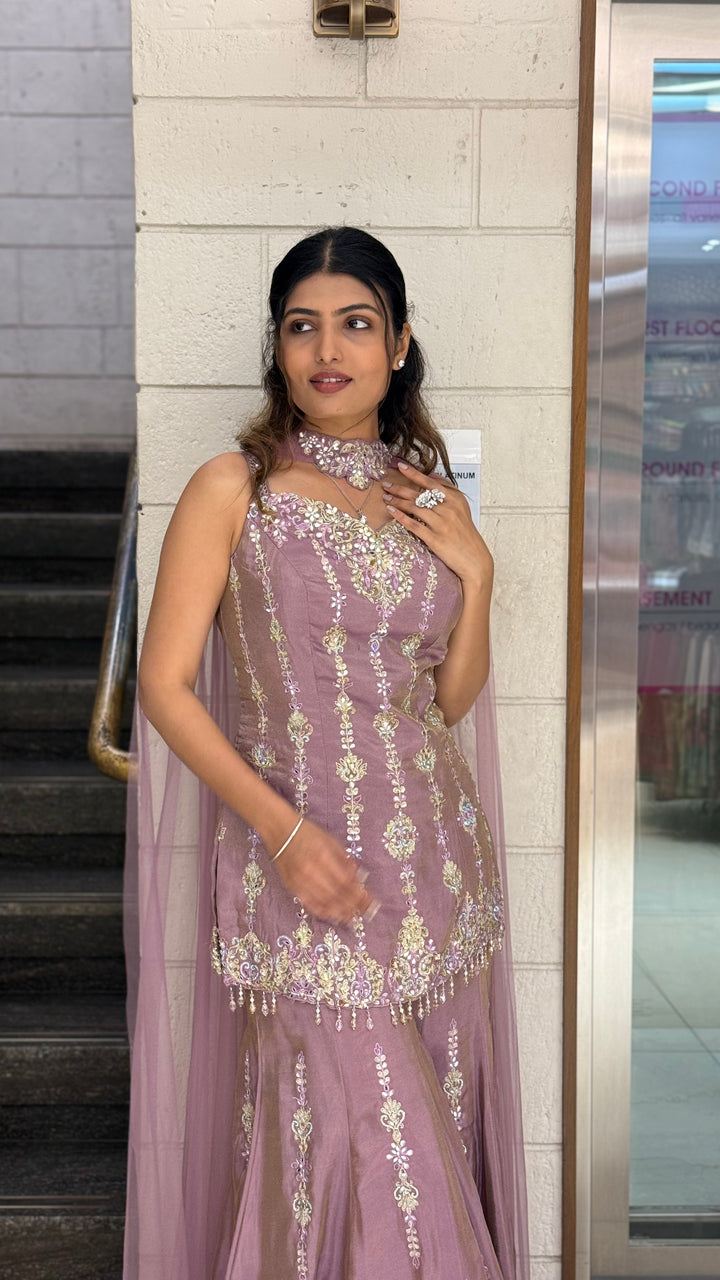 Dusty Mauve Designer Embroidered Kurta Sharara Set