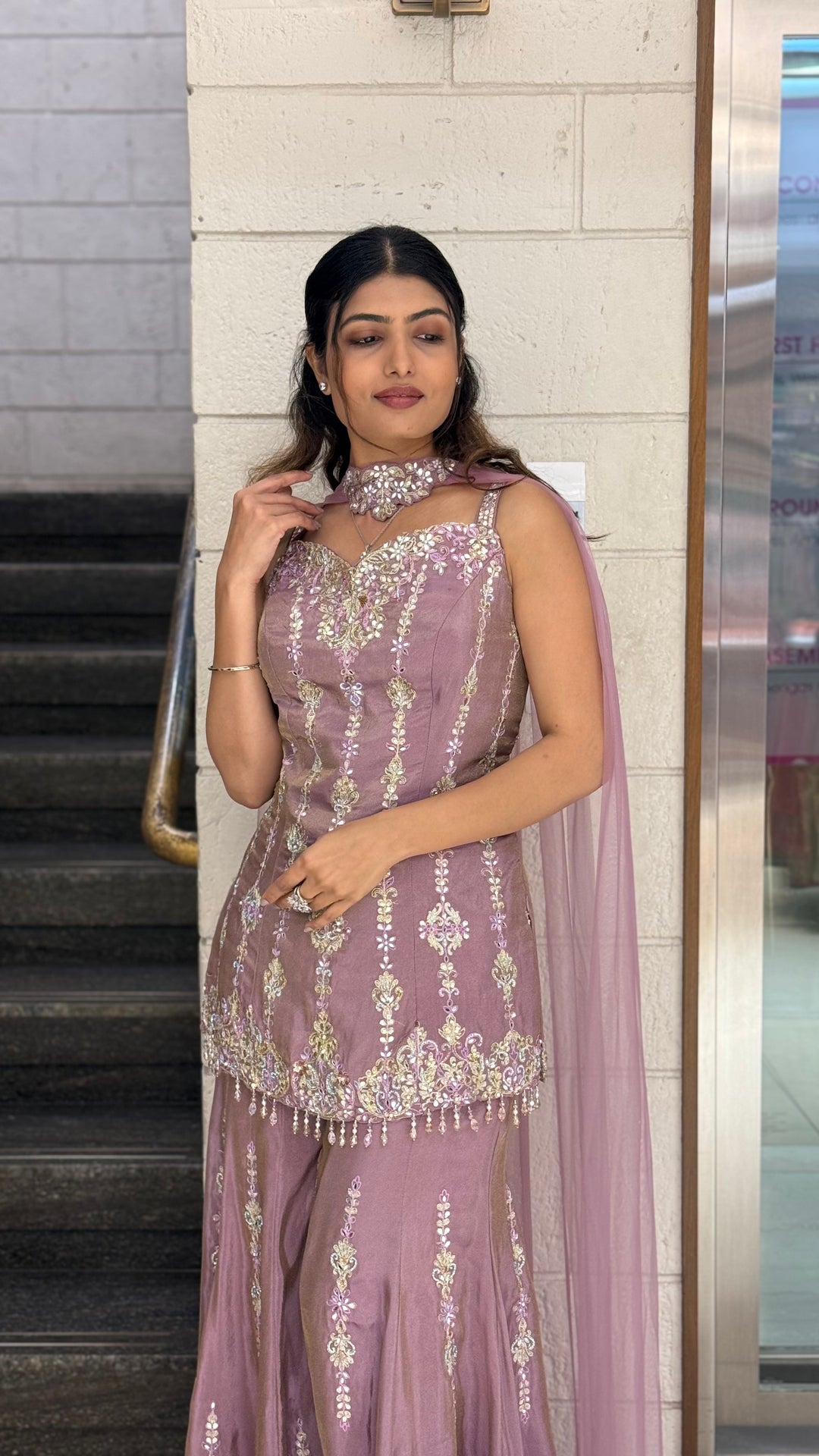 Dusty Mauve Designer Embroidered Kurta Sharara Set