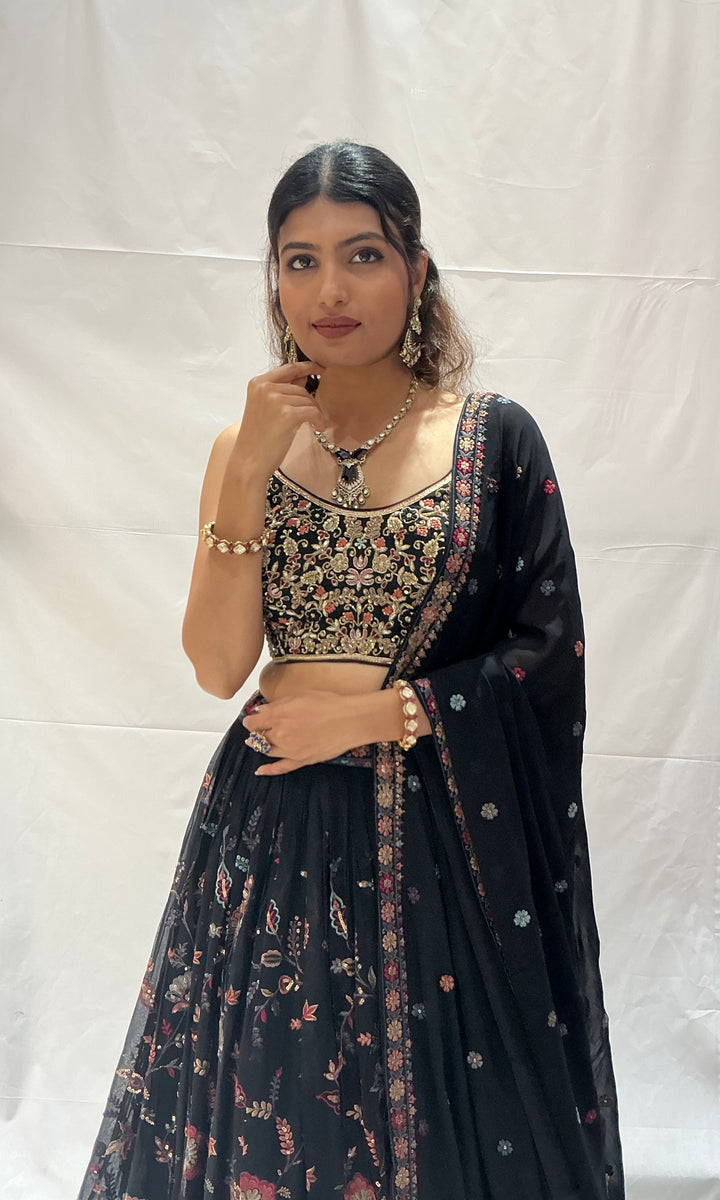 Black Floral Embroidered Designer Lehenga Choli Set with Zari & Sequin Work