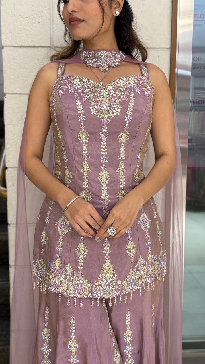 Dusty Mauve Designer Embroidered Kurta Sharara Set