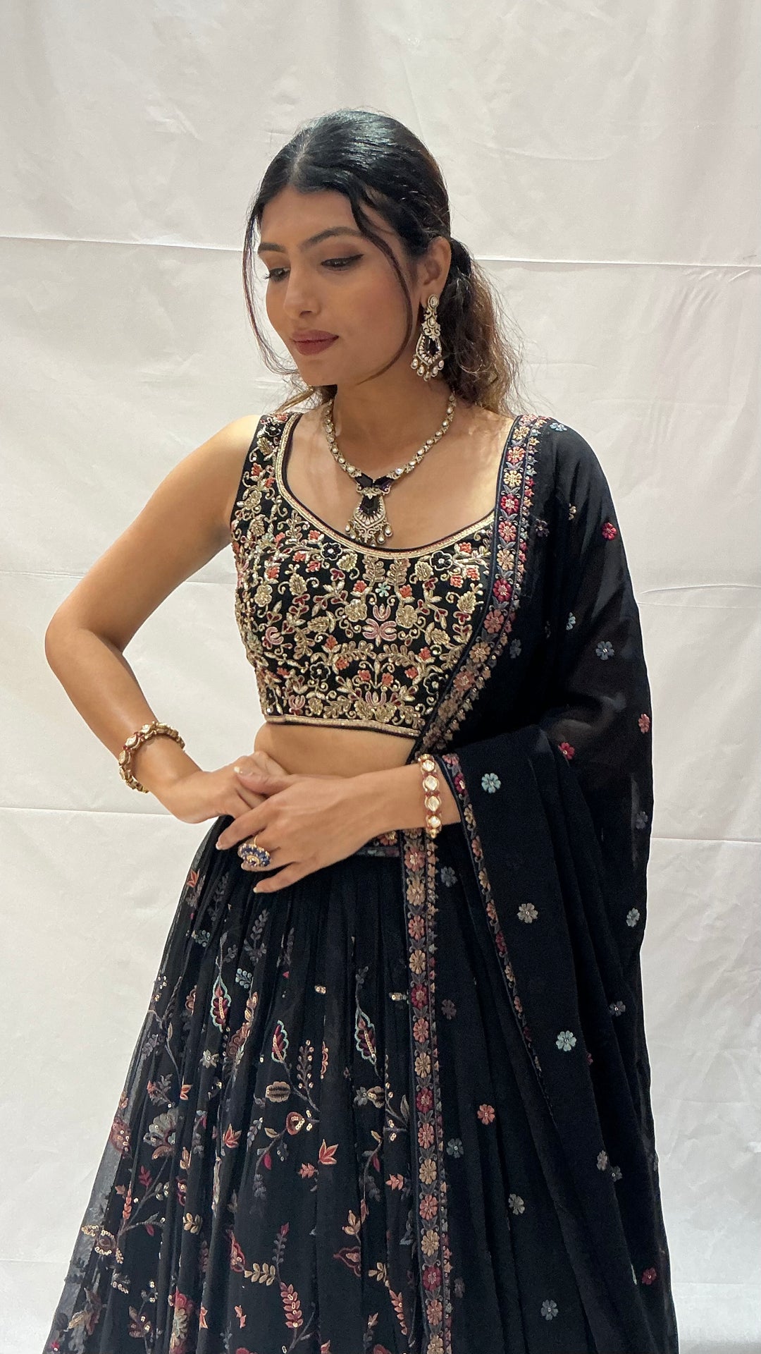 Black Floral Embroidered Designer Lehenga Choli Set with Zari & Sequin Work