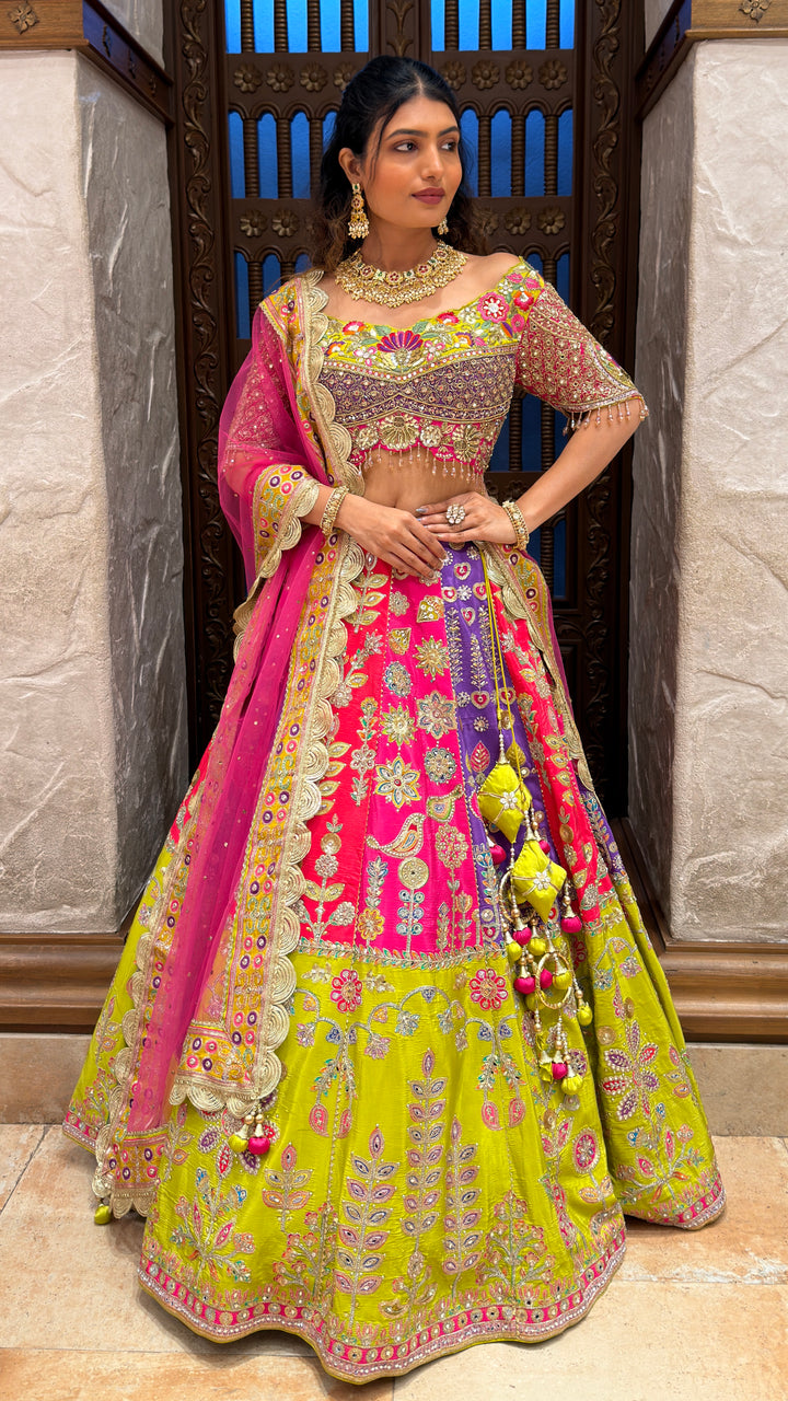 Rani Pink & Lime Green Royal Embroidered Bridal Lehenga Set