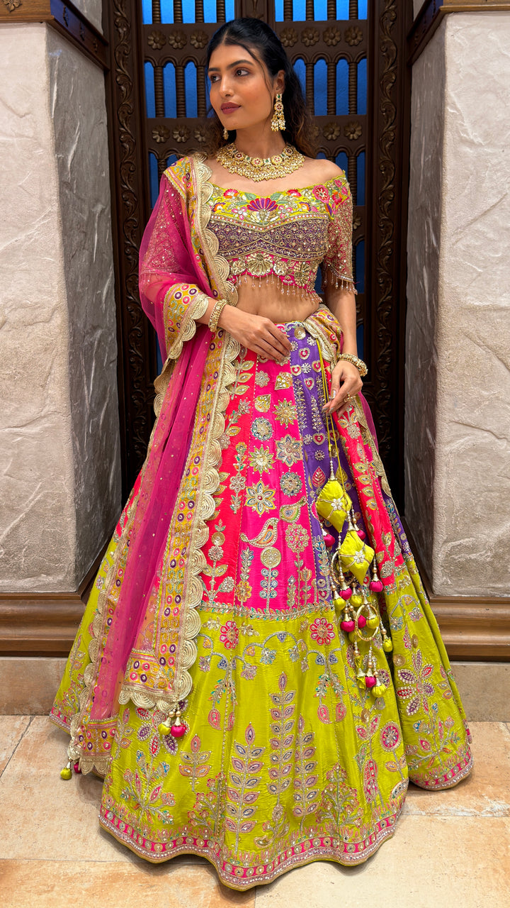 Rani Pink & Lime Green Royal Embroidered Bridal Lehenga Set