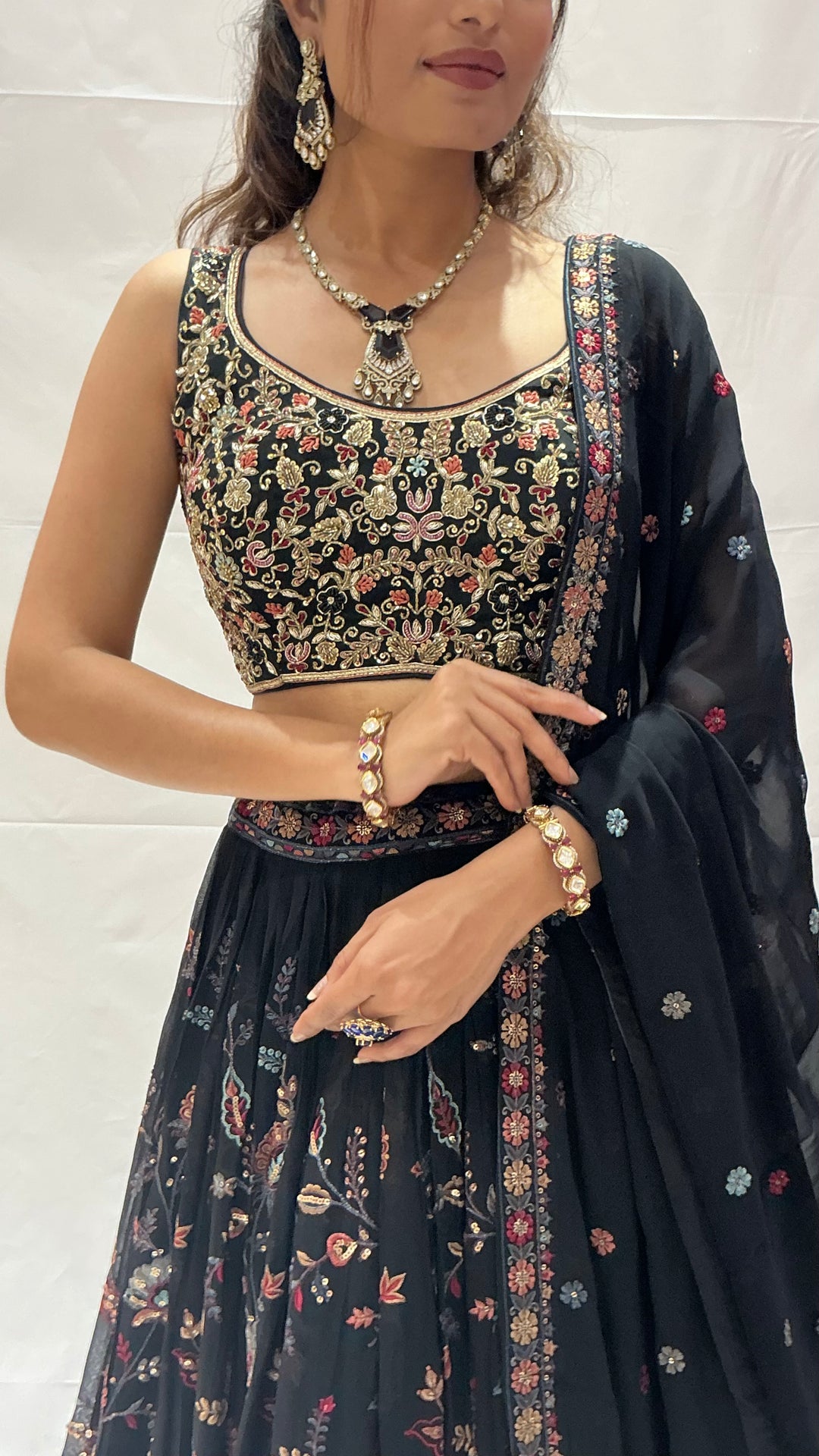 Black Floral Embroidered Designer Lehenga Choli Set with Zari & Sequin Work