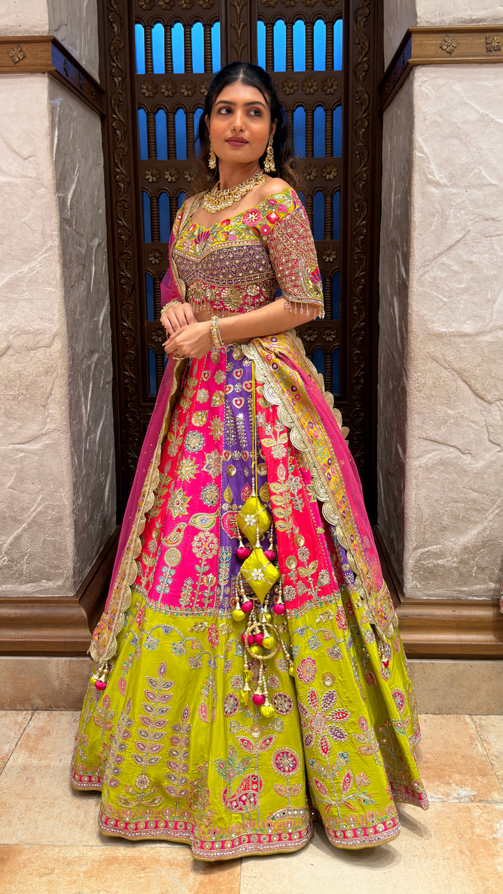 Rani Pink & Lime Green Royal Embroidered Bridal Lehenga Set