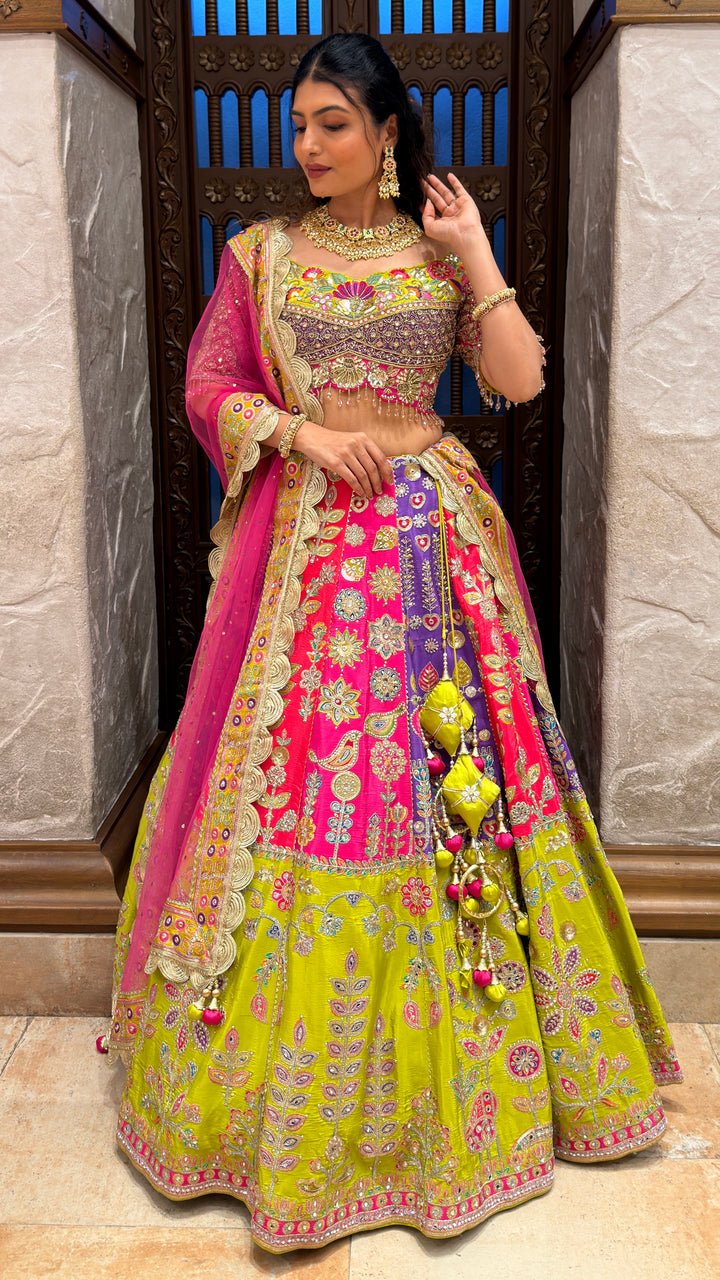 Rani Pink & Lime Green Royal Embroidered Bridal Lehenga Set